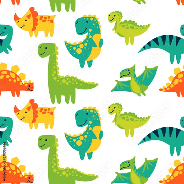 Fototapeta Vector seamless color repeating pattern with dinosaurs in a bright cartoon style. Children's seamless pattern with hand-drawn dinosaurs. Vector illustration of dinosaurs