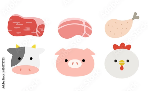 Fototapeta 牛豚鶏の食肉シンプルかわいいイラスト