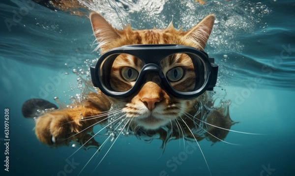 Fototapeta A cat with diving goggles dives in the water. Surreal fun concept of nature, animals and summer. Generative AI.
