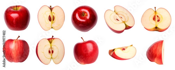Fototapeta set of red apples isolated view side top. cut and sliced halved on transparent background cutout, PNG file.