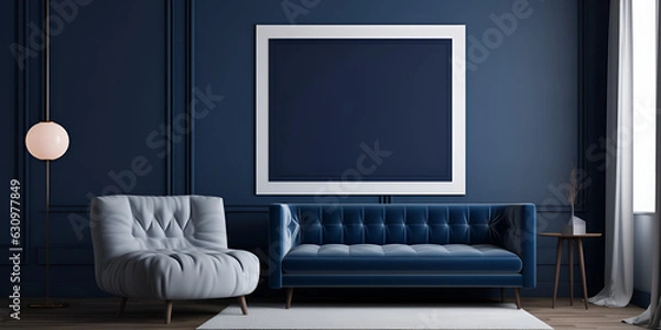 Fototapeta Rustic interior design of modern living room with beige fabric sofa and cushions. White wall with frame and space for text.