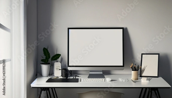 Obraz A creative workspace featuring a desktop computer and a white work table with an empty poster frame