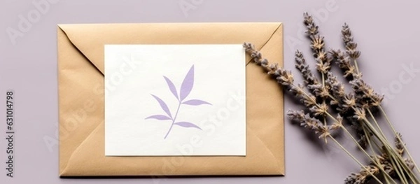 Fototapeta Top view of a greeting or invitation card mockup with an envelope, lavender, and dried eucalyptus twigs.