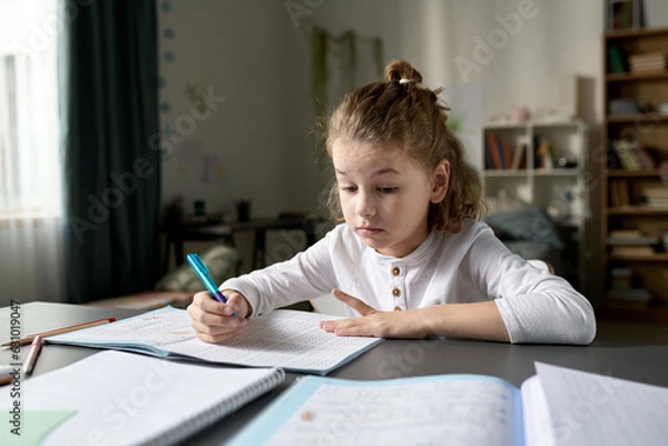 Fototapeta Little boy making notes in copybook at desk, he doing his homework at home