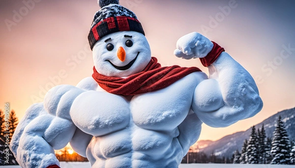 Obraz funny muscle snowman bodybuilder with red scarf posing mountains and trees at sunset behind, generative AI