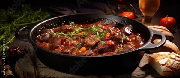 Fototapeta A picture of Meat Stew, with beef stewed in red wine sauce, viewed from the top with copy space. The