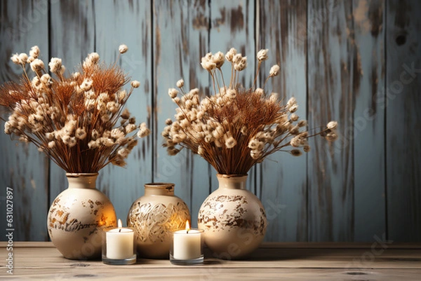 Fototapeta Autumn composition of candles and spikelets in vases on wooden background. Generative AI