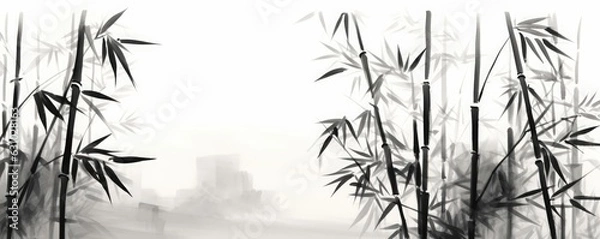 Fototapeta Japanese sumi-e style bamboo painting. Japanese ink painting of a bamboo. Generative AI