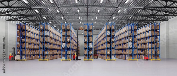 Obraz Warehouse Scene with Workers, High Shelves and Reach Fork Track. Logistics Concept. 3D illustration
