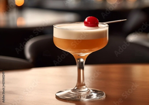 Fototapeta Whiskey sour cocktail with cherry and egg white on table.Macro.AI Generative