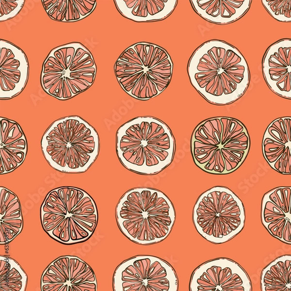 Fototapeta Seamless pattern with hand-drawn linear art cut grapefruits on orange background