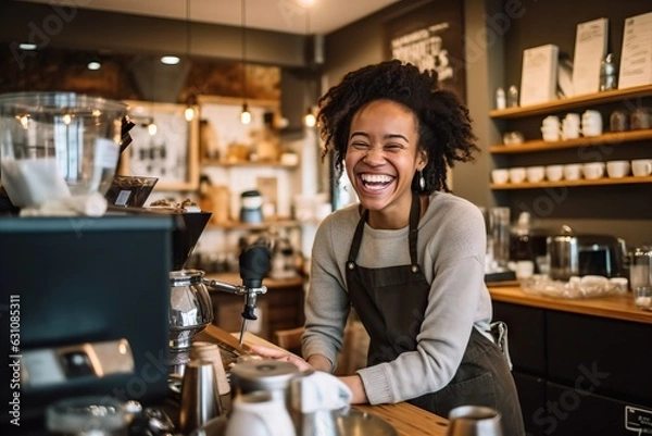 Fototapeta smiling woman laughing while at coffee shop