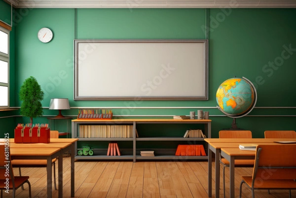 Obraz Empty junior high school classroom with a clean white blackboard