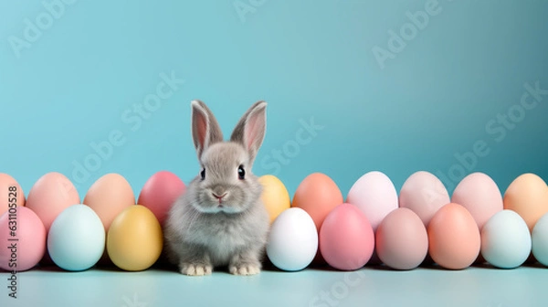 Fototapeta Easter rabbit with color painted eggs on blue background