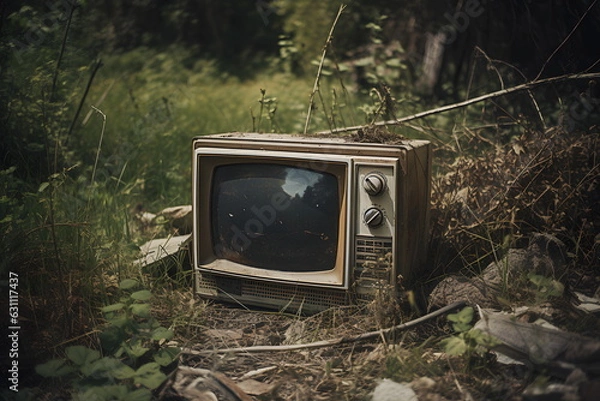 Fototapeta Abandoned old tv is on pathway with grass in forest. Generative AI.