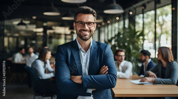 Obraz Happy business man standing in his office, arms crossed. AI Generative
