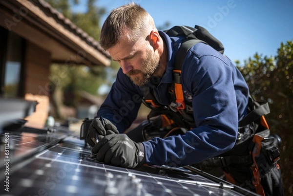 Fototapeta Men in protective gear installing renewable energy