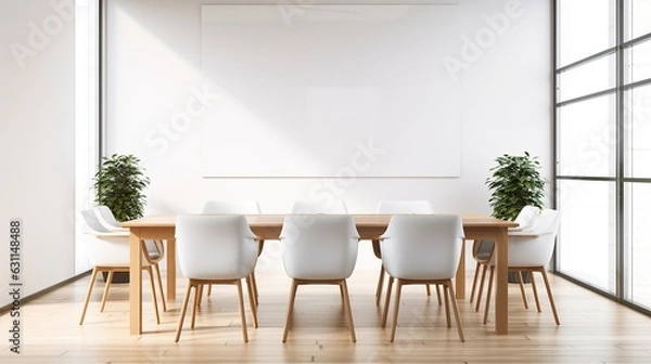 Fototapeta Front view of empty modern conference room with office table and chairs, Generative AI