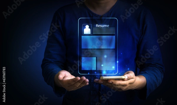 Fototapeta man holding resume virtual screen. job search and recruiment concept. 