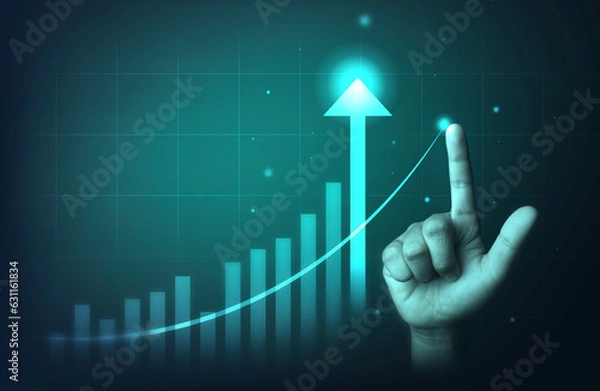 Fototapeta hand pointing at highest point of  business investment graph.