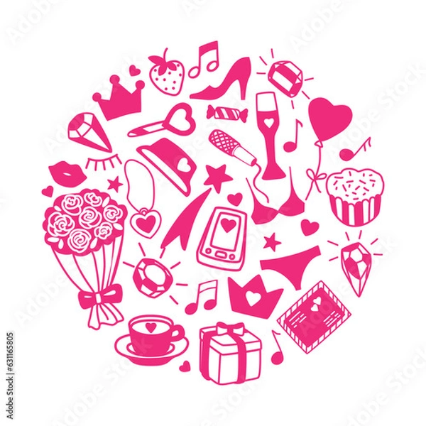 Fototapeta Vector cute pink doll items and accessories isolated on white background.