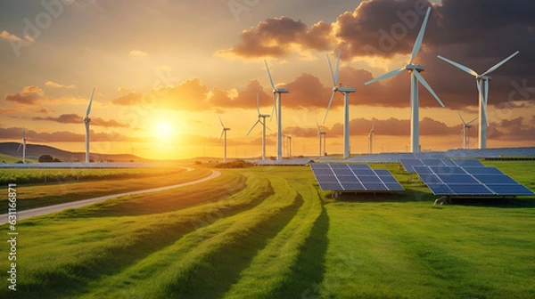 Obraz 近代的な風力タービンとソーラーパネルの夕焼け　コンセプトエコグリーン再生可能エネルギー