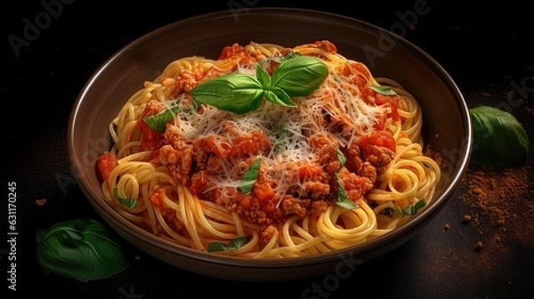 Fototapeta spaghetti with tomato sauce and basil. Created with generative AI.