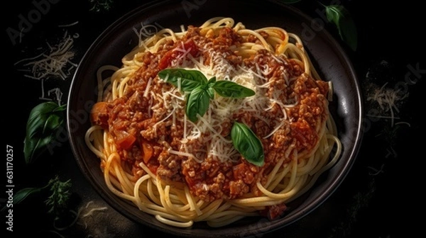 Fototapeta spaghetti with tomato sauce and basil. Created with generative AI.