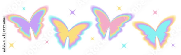 Obraz Y2k blurry gradient butterfly shape with sparkle or stars. Pastel holographic aura elements, aesthetic retro shapes with blur effect. Isolated vector illustration of 90s-2000s psychedelic style.