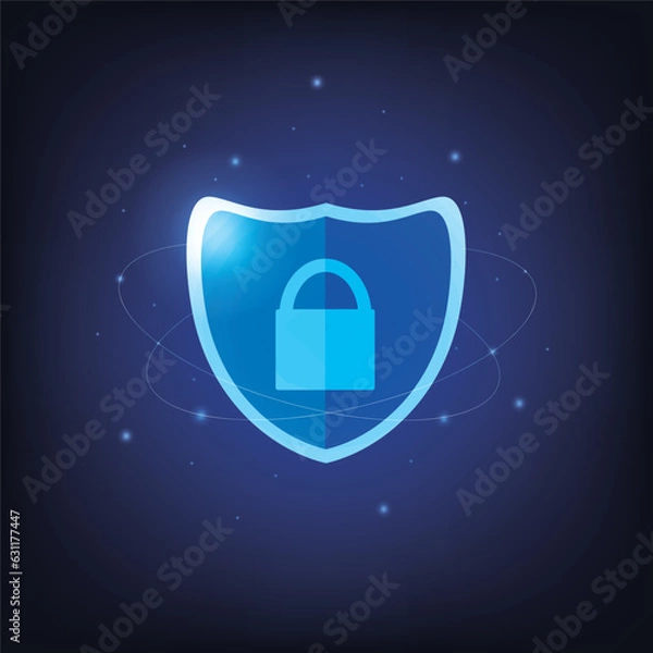 Fototapeta Security shield with pad lock digital icon on blue background.
