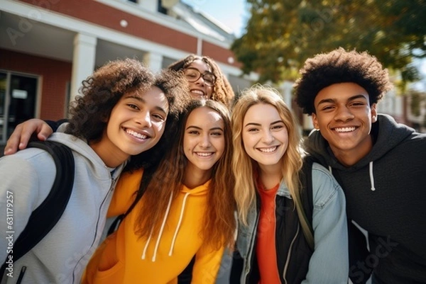 Fototapeta Group of high school students taking a selfie after school