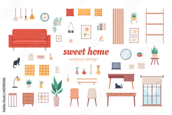Obraz Cozy home interior design objects set. Workplace interior. Vector illustration in flat style