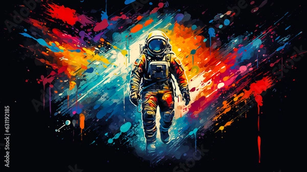 Fototapeta Portrait of astronaut in abstract mixed grunge colors vector art style. Colorful pop art digital painting. Digital illustration generative AI.