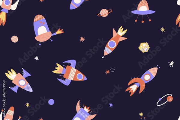 Fototapeta Seamless cosmic pattern with different rockets, UFO and planets in cartoon style. Childish astronomical background. Vector illustration for fabric, cover, wrapping, label.