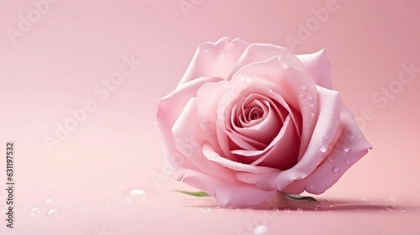 Fototapeta Pink rose on a pink background with water droplets. Copy space.