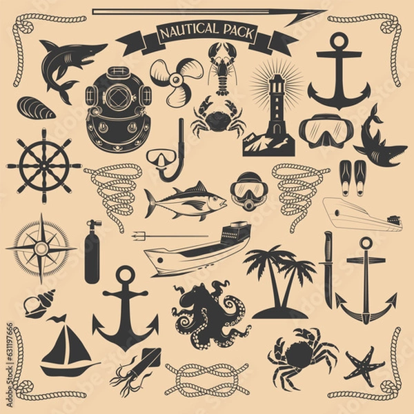 Fototapeta Vector pack of nautical elements. Rope swirls, logos and badges