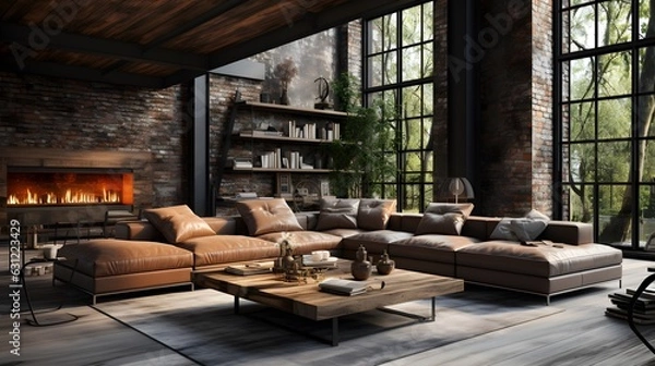 Fototapeta Lofty Ambience: Ultra Realistic 3D Render of Industrial-Inspired Living Room. Generated by AI.