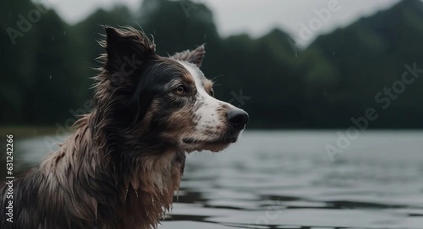 Fototapeta Beautiful dog looking away while bathing in a lake in the nature during a rainy day, big copy space right. Border collie dog on rainy day.