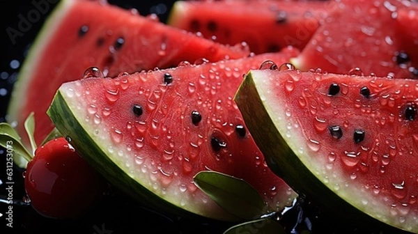 Fototapeta  watermelon slices and leaves with drops of water on them.  generative ai