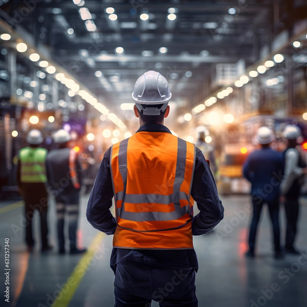 Fototapeta Worker in uniform at work. View from Behind on a Occupational Health and Safety worker in Personal protective equipment Looking at the production hall and his coworkers.