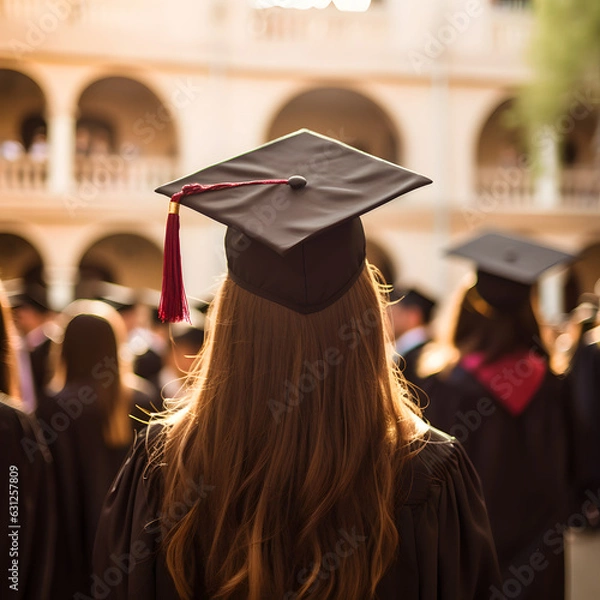 Fototapeta Graduate in cap and gown. Woman from behind standing in the square in front of the school after the graduation ceremony, background in motion blur.