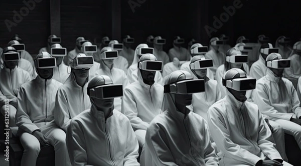 Fototapeta W dystopijnej przyszłości grupa ludzi noszących białe, futurystyczne ubrania stoi w wirtualnej rzeczywistości, złowieszcze przypomnienie niepewnego losu ludzkości