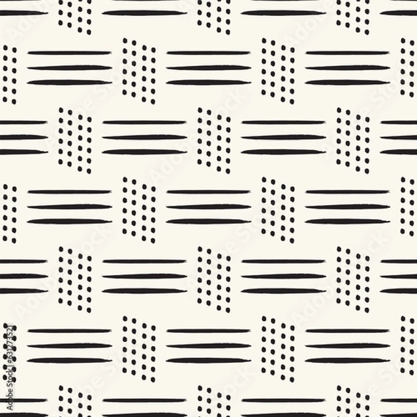 Obraz Vector black lines dots ecru white repeat pattern