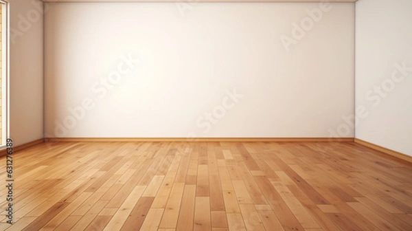 Fototapeta Beige wall empty apartment room with wooden floor. Copy space for product placement. Generative AI
