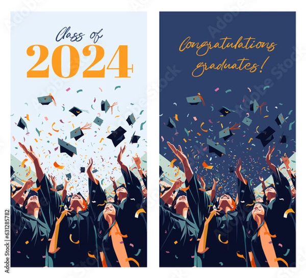 Fototapeta Vector illustration of graduating students, posterized style, flat colors. Graduation