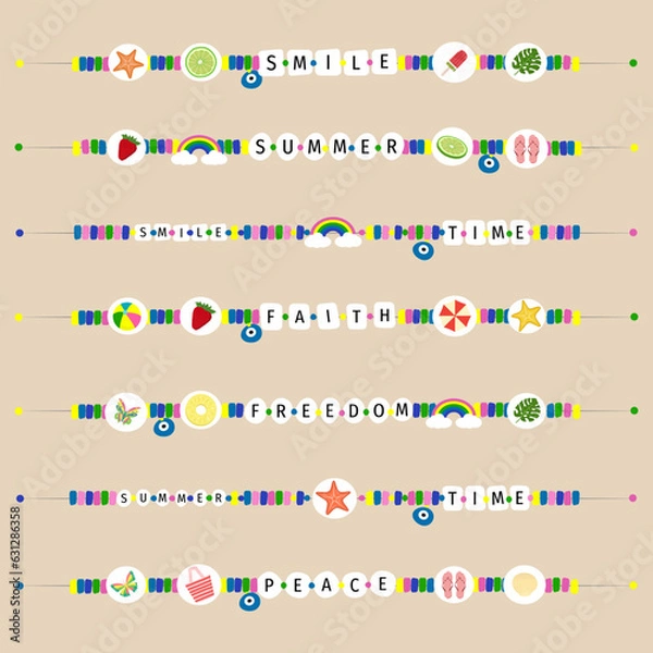Fototapeta Retro hand drawn vector of children's friendship accessories, including beads, bracelets, necklaces. Card icons in the style of the 90s, multicolored and beaded.