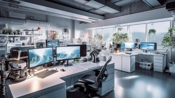 Fototapeta Bright white lab interior cinematic photography of an gaming production studio with The workplace of a professional game programmer using Unreal Engine