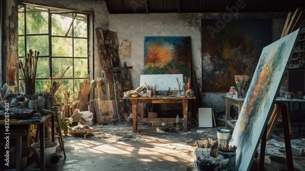 Fototapeta Interior photography of an artists studio with The workplace of a professional painter, creative mess
