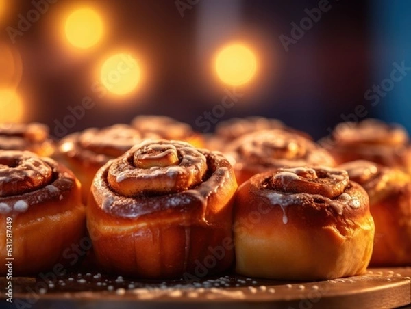 Fototapeta baked hot cinnamon buns with sugar and cholate topping, baking photography, clean composition, dramatic lighting, bright