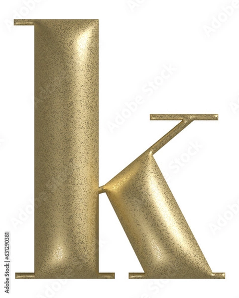 Obraz Letter K realistic gold 3d texture. Metal, inflate, lower case k serif font, isolated on transparent background.